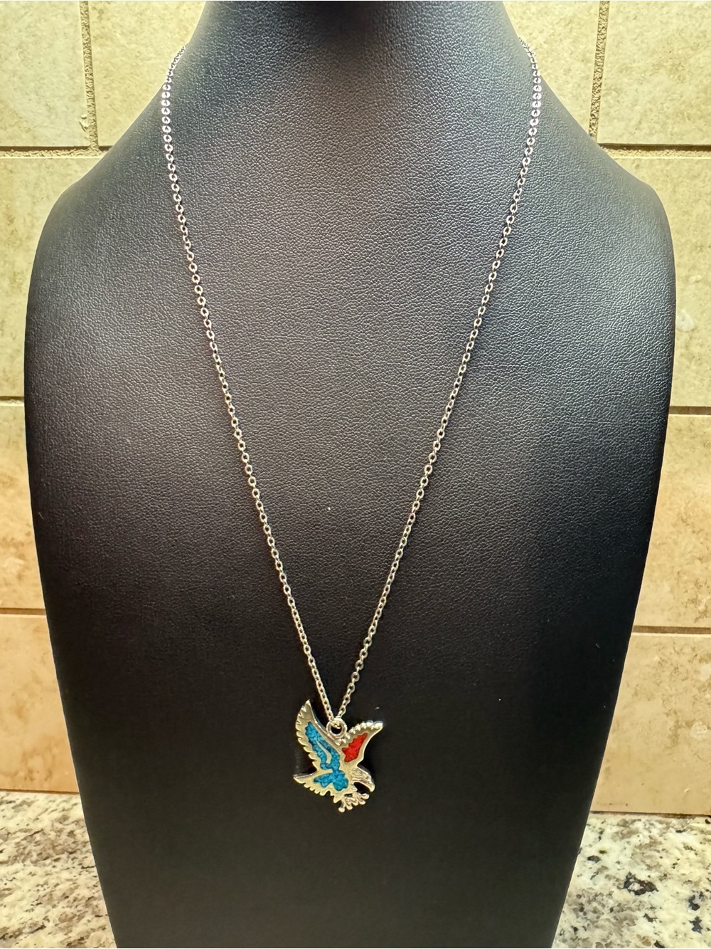 Silver-Toned Eagle Pendant Necklace with Blue and Red Inlay